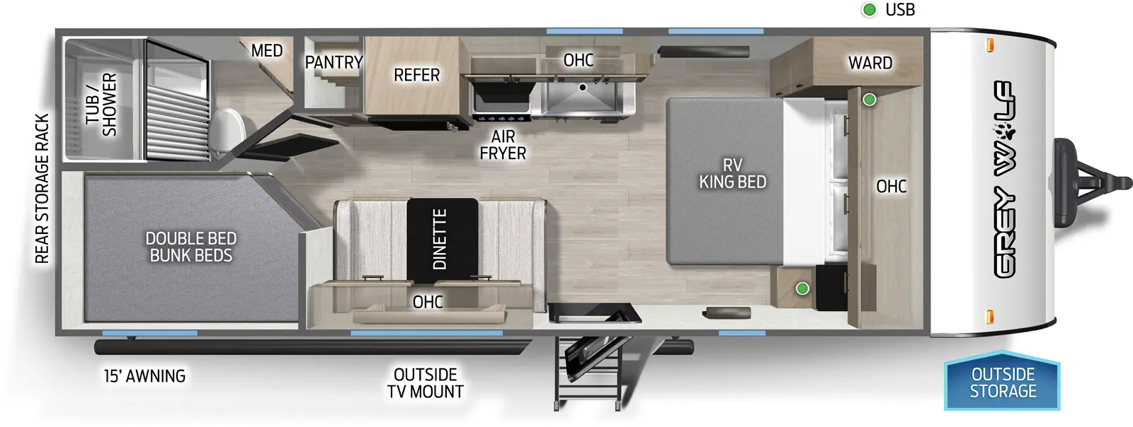 The Grey Wolf 22MKSE floorplan has one entry and zero slide outs. Exterior features include: metal exterior and 15' awning. Interiors features include: bunk beds and front bedroom.